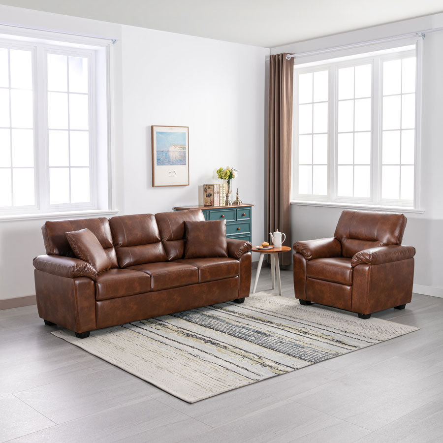 Sofa Collection 3 Pieces  Flared Arm PU Leather Mid-Century Modern Upholstered Sofa