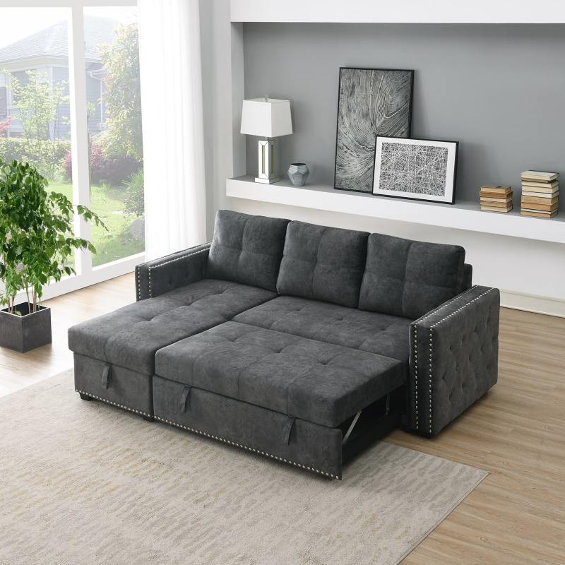 Velvet Reversible Sleeper Sectional Sofa with Storage in Black