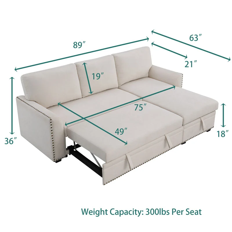 Morden Fort Velvet Sectional Sleeper Sofa with Storage