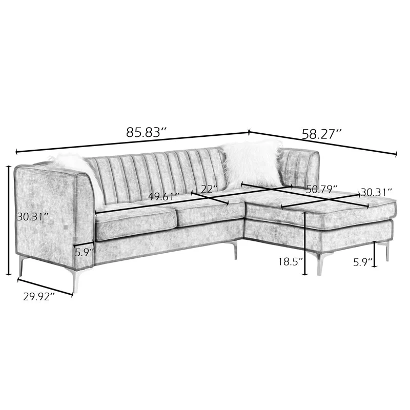 Morden Fort Velvet Sectional Sofa with Right Chaise, Pillow Included