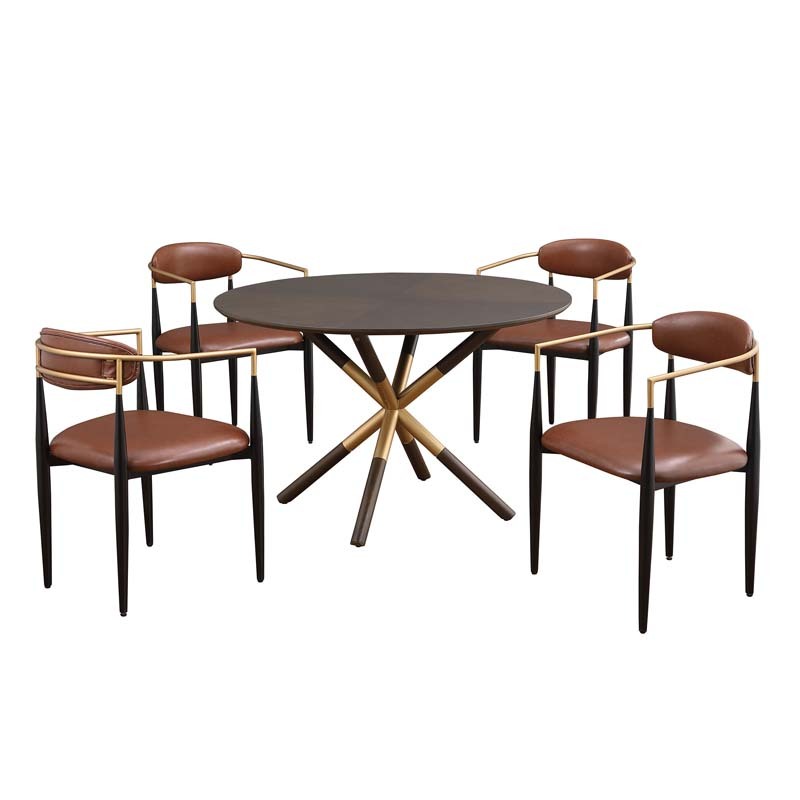 47in.W Round Dining Table Set with Cross Legs, Walnut Wood Top Modern Chair Minimalist Style Hollow Design with Metal Frame