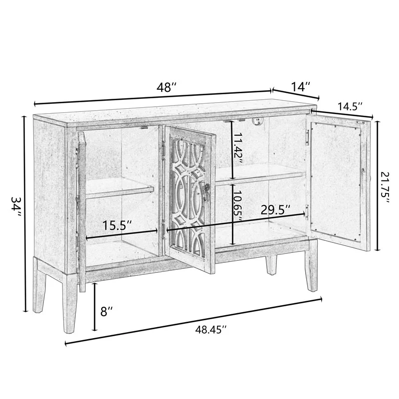 Accent Chest and Cabinet Sideboard with Framed Mirror Doors, 2 Adjustable Shelves Entryway Serving Wine Storage in Gray