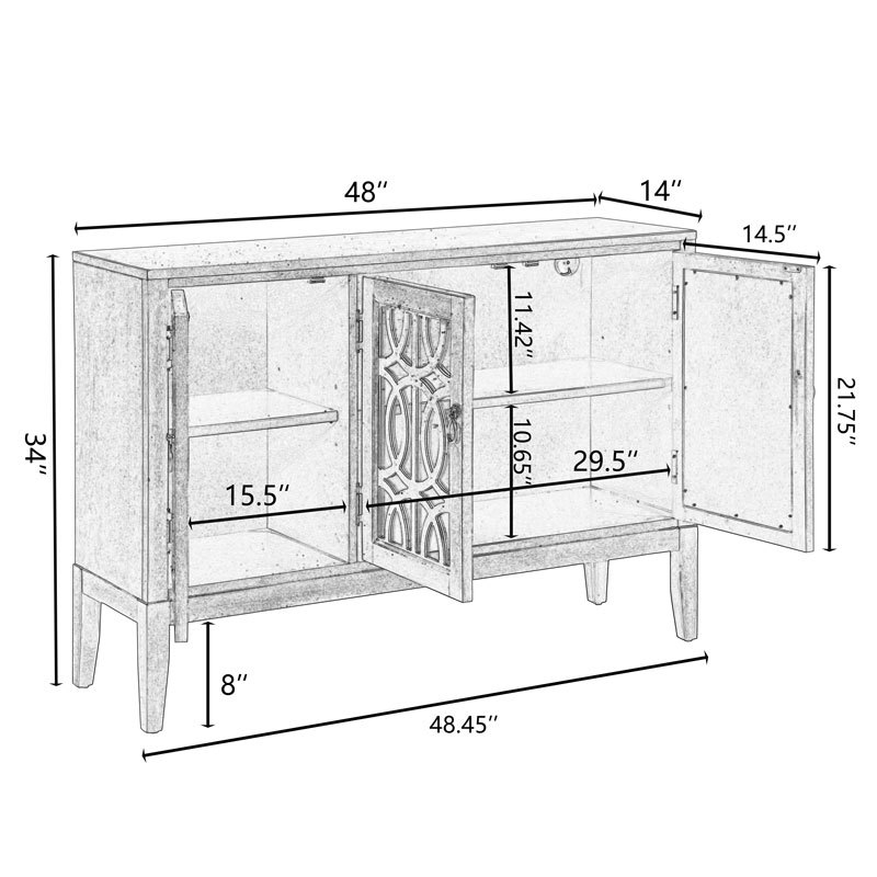 Accent Chest and Cabinet Sideboard with Framed Mirror Doors, 2 Adjustable Shelves Entryway Serving Wine Storage in Gray