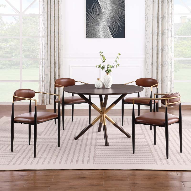 47in.W Round Dining Table Set with Cross Legs, Walnut Wood Top Modern Chair Minimalist Style Hollow Design with Metal Frame