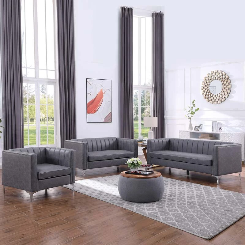Living Room 3 Pieces Sofa Set Leather Sofa Set Channel Backrest Simplicism