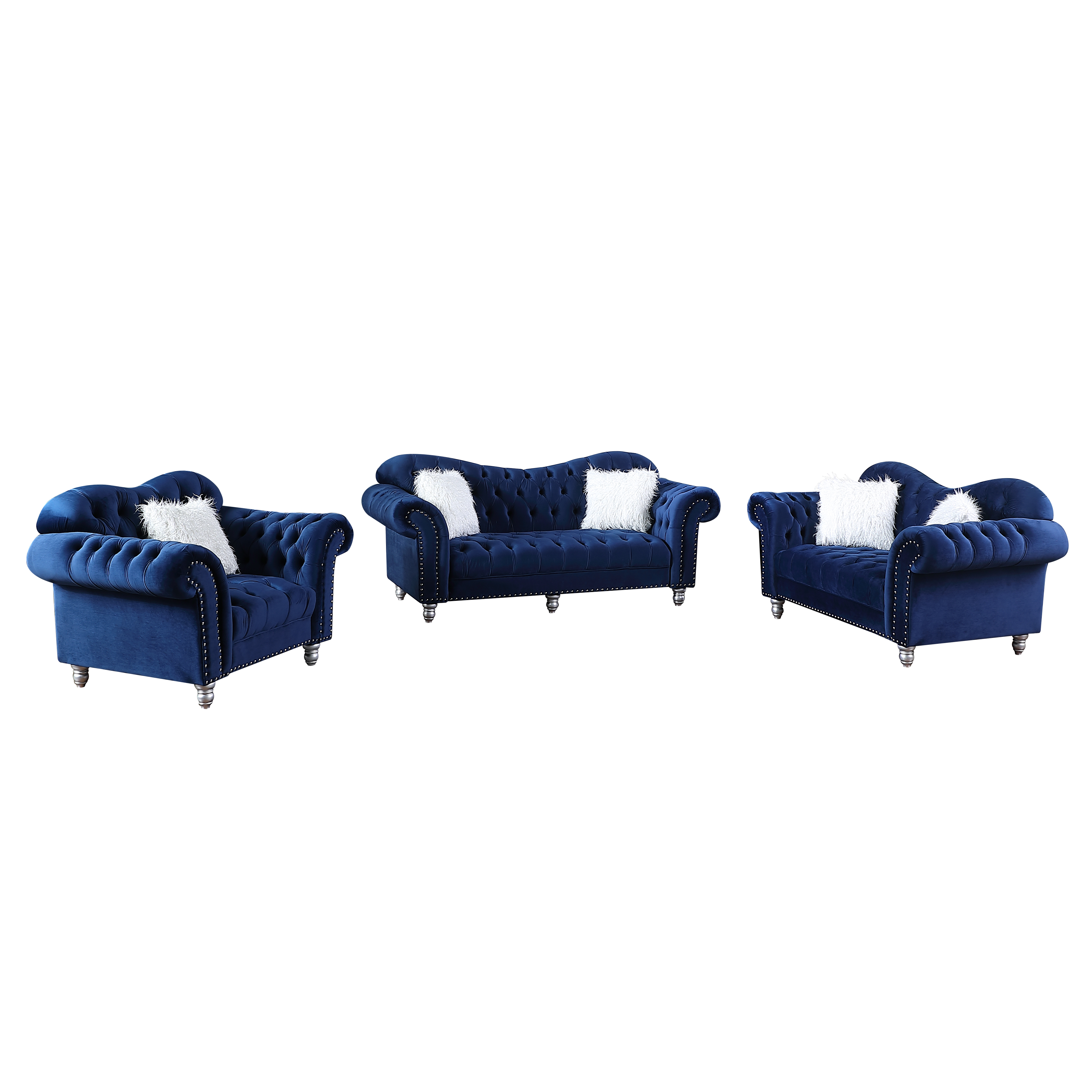 3 Pieces Luxury Classic America Chesterfield Tufted Camel Back - Blue