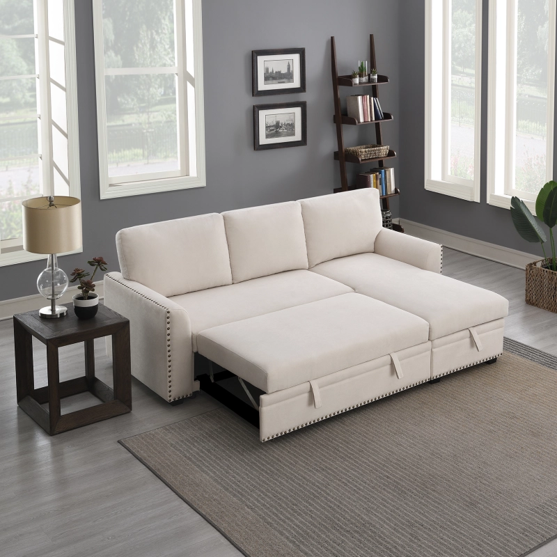 Morden Fort Velvet Sectional Sleeper Sofa with Storage