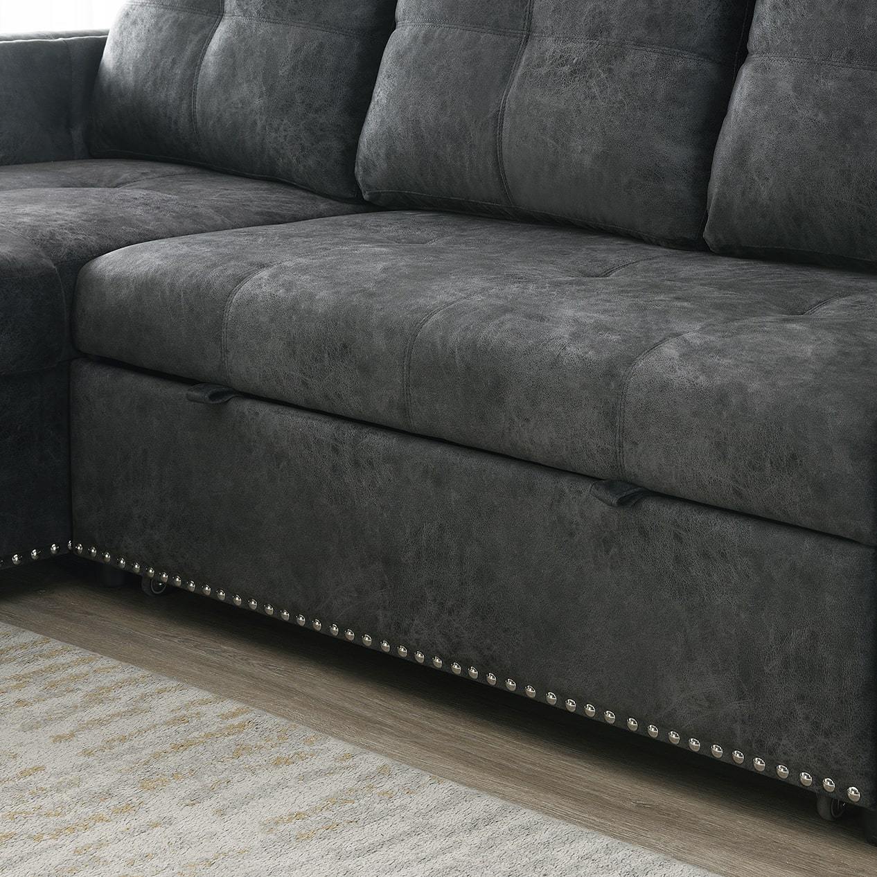 Velvet Reversible Sleeper Sectional Sofa with Storage in Black