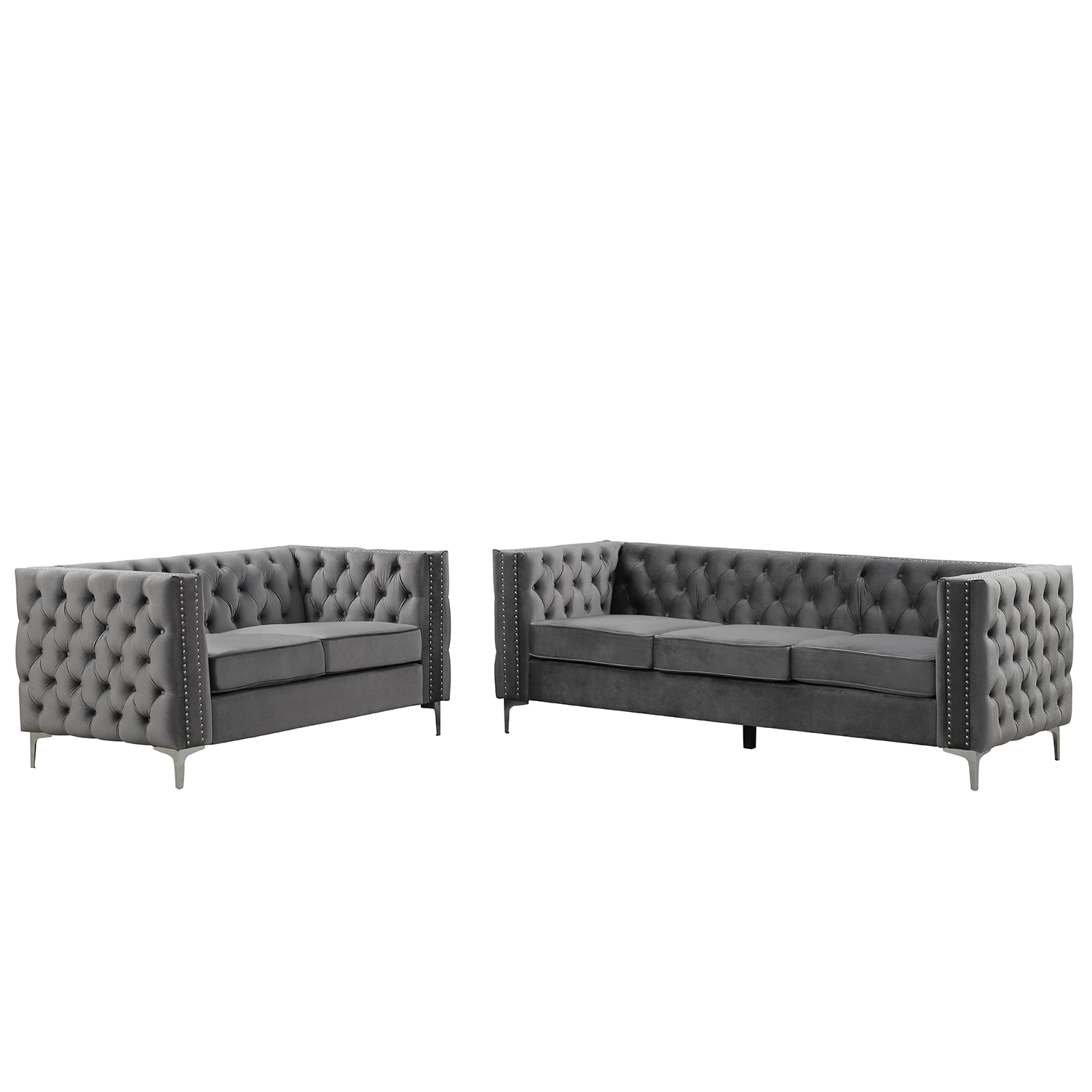 Velvet Couches with Button Design for Living Room in Gray