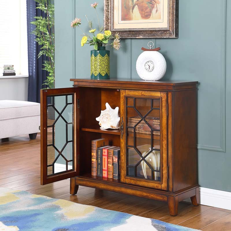 Sideboard & Buffets Cabinet with Iron Framed Glass Doors, Adjustable Shelves Accent Display Storage Distressed Console Cabinet for Entryway Living Room Bedroom Kitchen(Cherry)