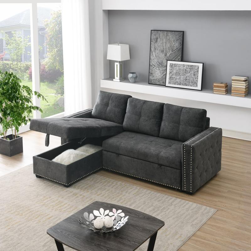 Velvet Reversible Sleeper Sectional Sofa with Storage in Black