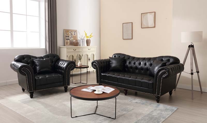 Chesterfield Leather Sofa Set Tufing Button Design