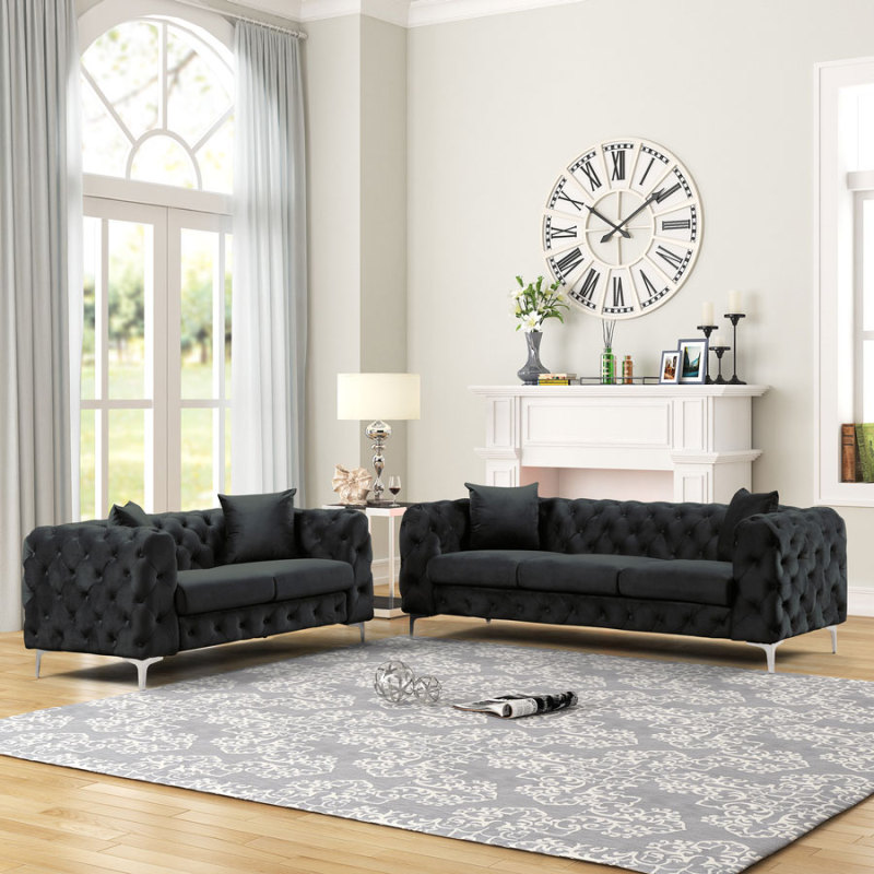 Contemporary Sofa  with Deep Button Tufting Dutch Velvet 2 Pieces Black