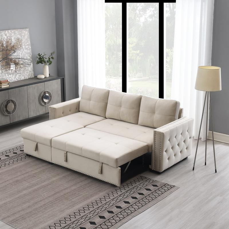 Velvet Reversible Sleeper Sectional Sofa Bed with Storage in Beige