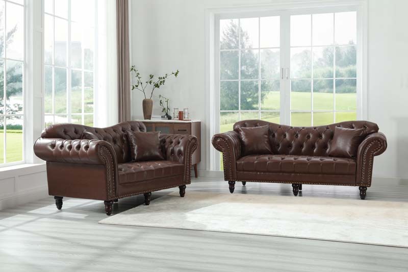 Chesterfield Leather Sofa Set Tufing Button Design