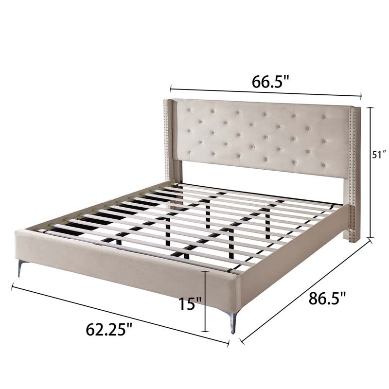 California King/ King size Velvet Bed Frame Upholstered Platform Bed - Cream