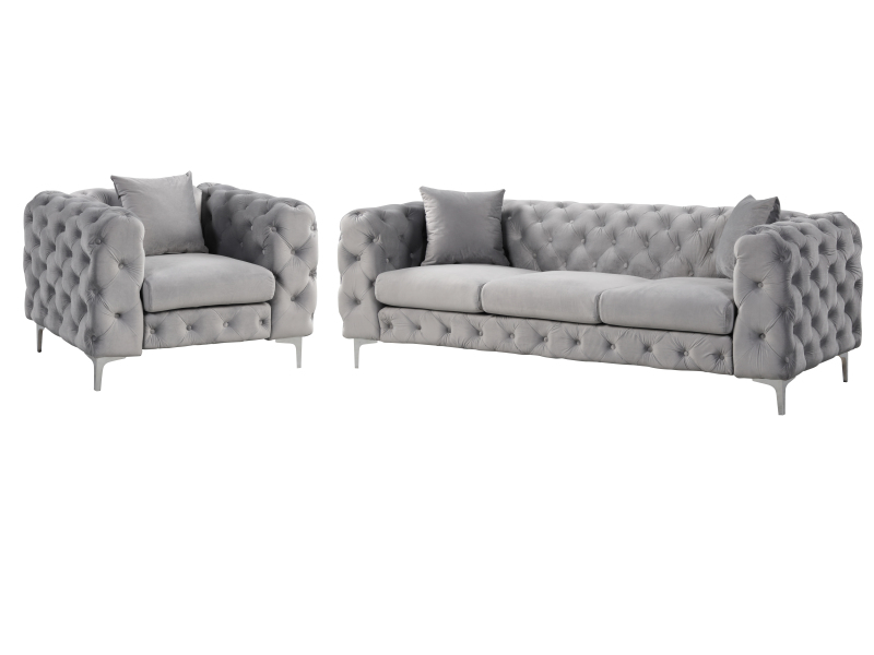 Contemporary Sofas Set with Button Tufting Dutch Velvet - Grey