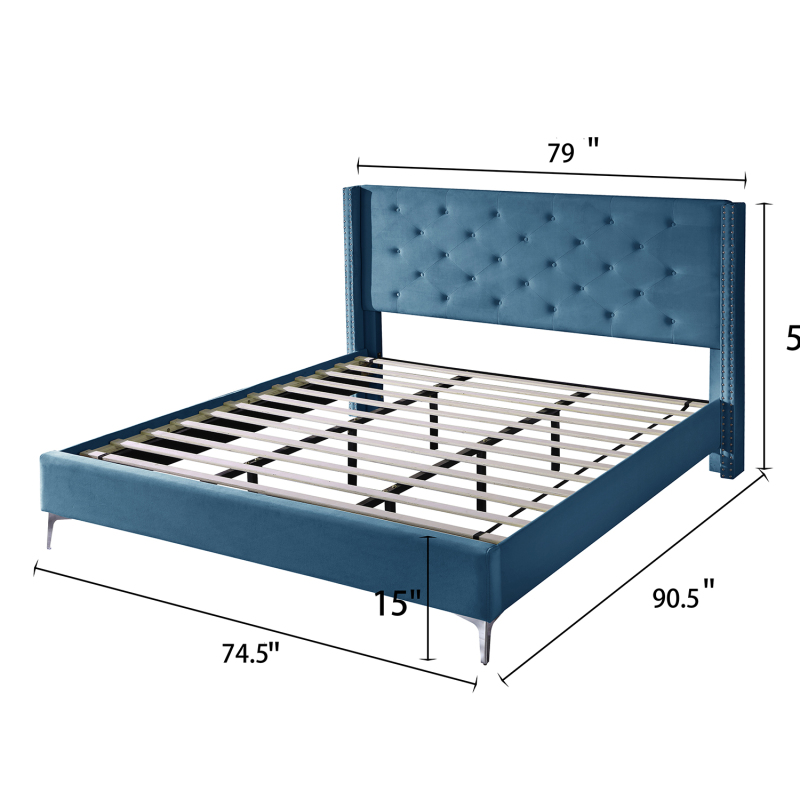 Bed Frame 15 Inch Wood Platform, Upholstered Platform Bed - Blue
