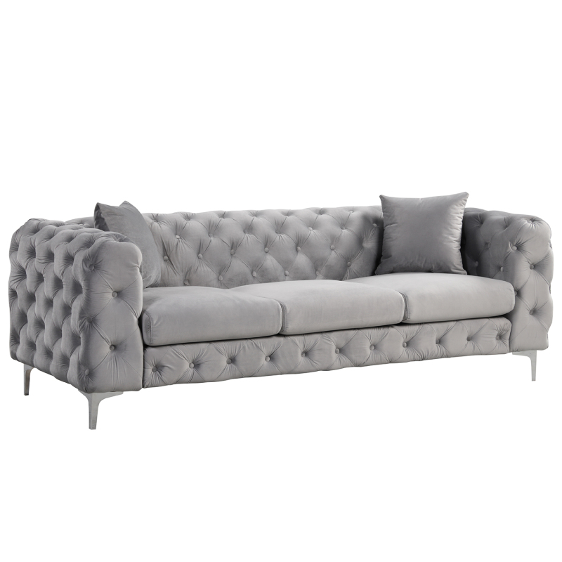 Contemporary Sofa  with Deep Button Tufting Dutch Velvet 2 Pieces- Silver Grey