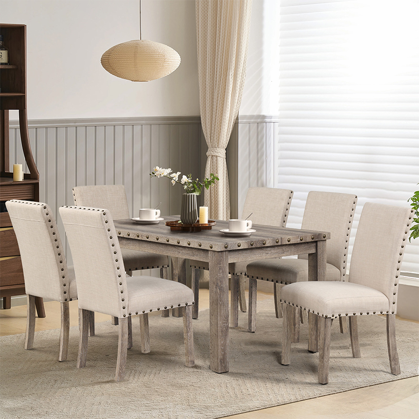 Log Rural Style Dining Table Set Dining Table and Chair Set with a Combination of Linen and Solid Wood