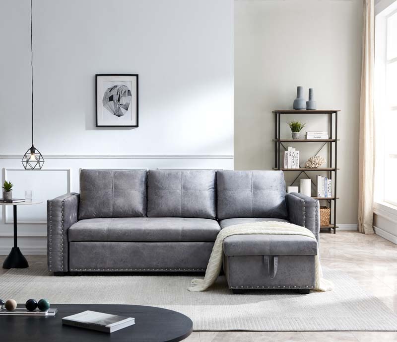 Velvet Sectional Sofa Bed with Storage and Pull Out Bed in Gray