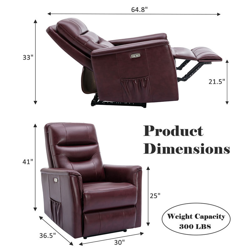 Power Recliner Chair Burgundy Upgraded Breathable Leatherette with USB Charge Port & Side Pockets