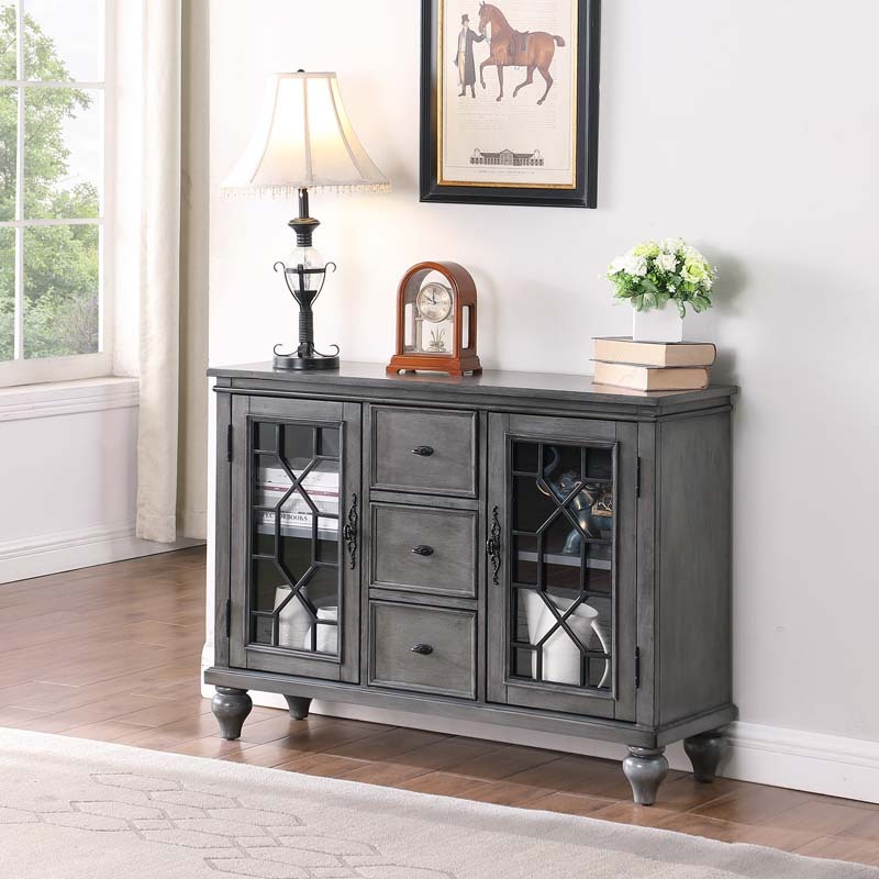 Sideboard & Buffets Cabinet with Iron Framed Glass Doors, 3 Drawers and Adjustable Shelves Accent Display Storage Distressed Console Cabinet for Entryway Living Room Bedroom Kitchen