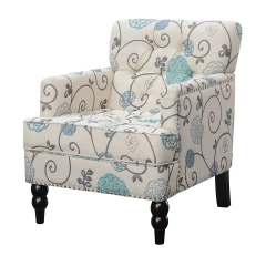 Floral Chair Upolstered Linen Fabric Accent Chair Wood Leg for Livingroom