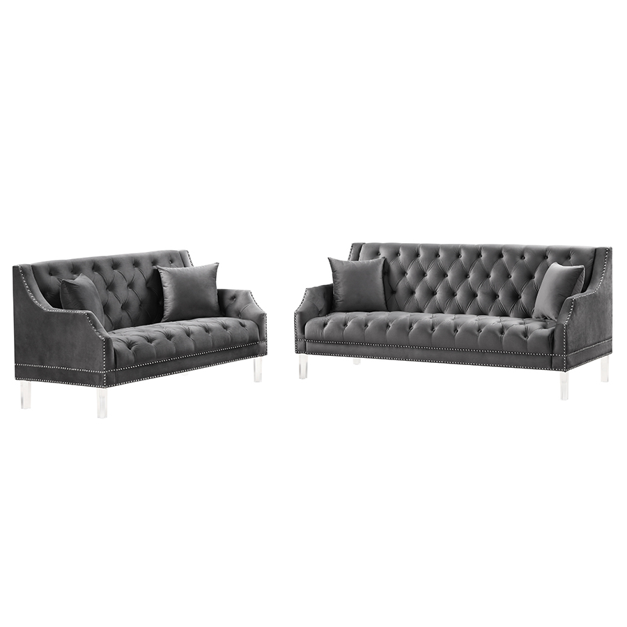 Living Room Couches Slope Arm Loveseat and Sofa Set Velvet Gray
