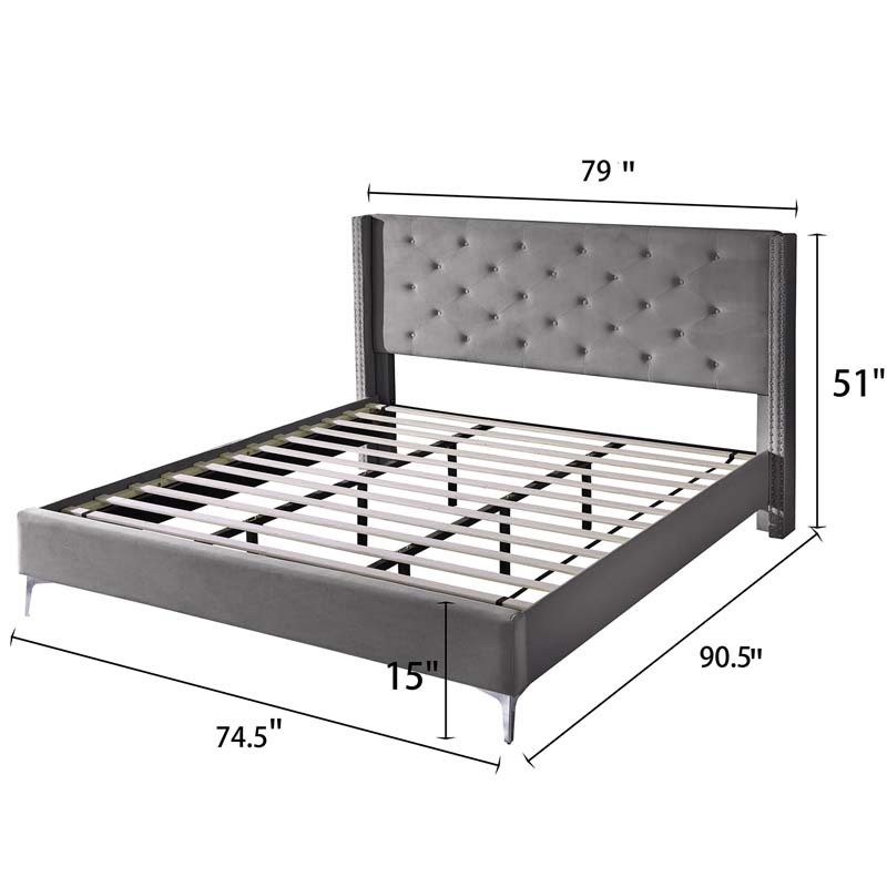 California King/ King size Velvet Bed Frame Upholstered Platform Bed - Cream