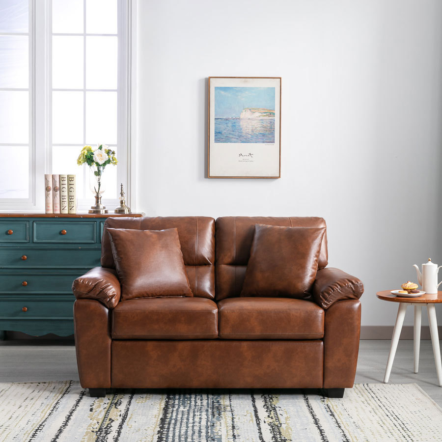 Garrin Series 61 in. Brown PU Leather 2-Seater Loveseat with Pillows