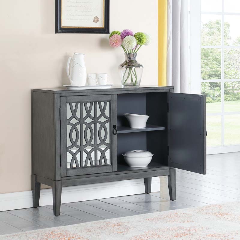 Sideboard Buffets Kitchen Storage Cabinet with Framed Mirror Doors, 3 Door Adjustable Shelves Accent Display Storage Distressed Console Cabinet for Entryway Living Room (Grey)