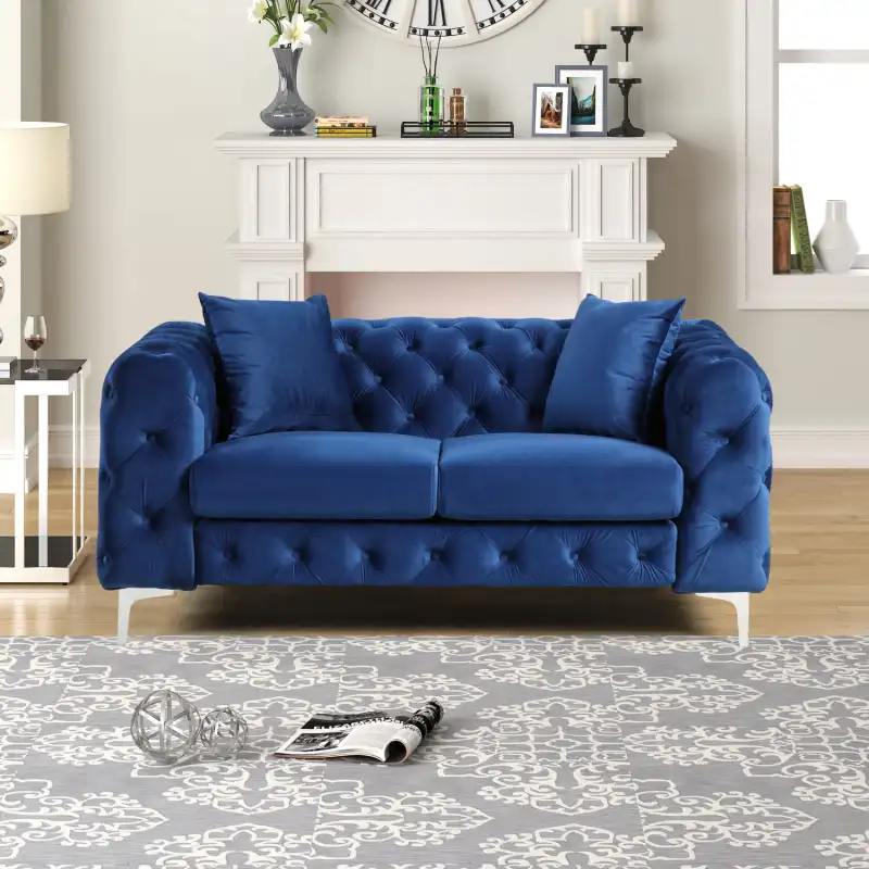 Contemporary Love Seat with Deep Button Tufting Dutch Velvet - Navy Blue