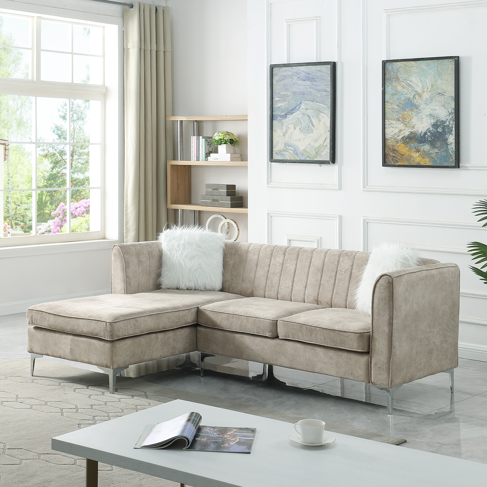 Morden Fort Velvet Sectional Sofa with Right Chaise, Pillow Included