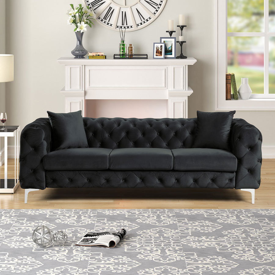 Contemporary Sofa Couch with Deep Button Tufting Dutch Velvet Black