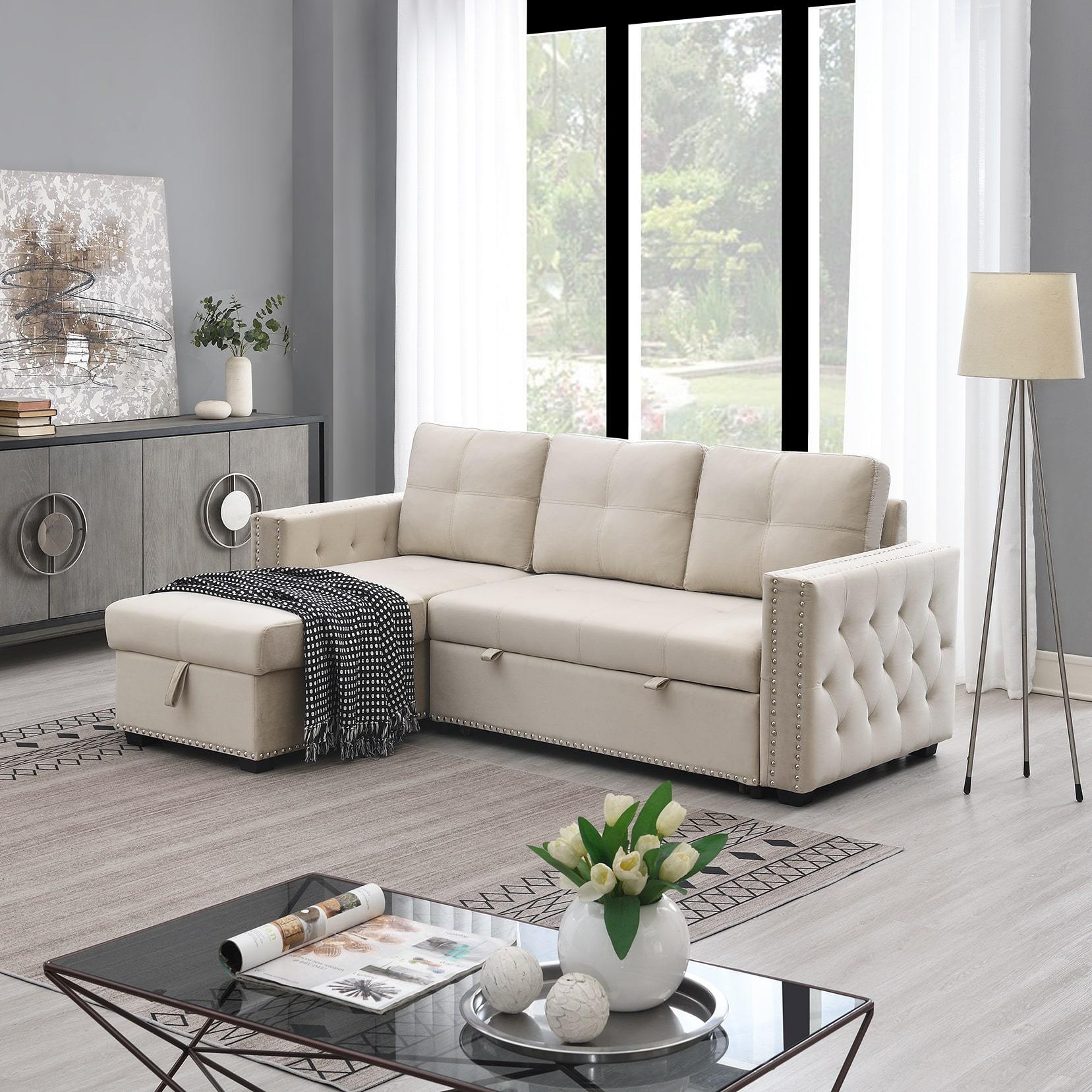 Velvet Sleeper Sofa Sectional Sofa Bed with Storage