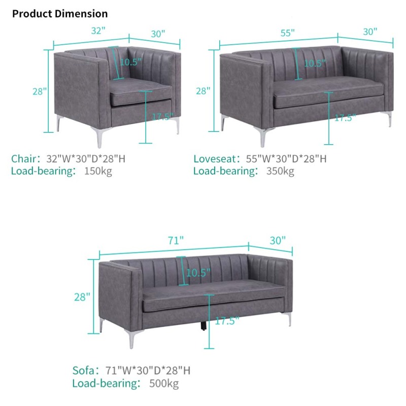 Living Room 3 Pieces Sofa Set Leather Sofa Set Channel Backrest Simplicism