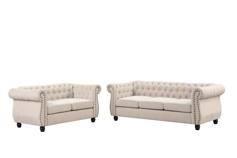 Linen Chesterfield Sofa Set With Roll Arms