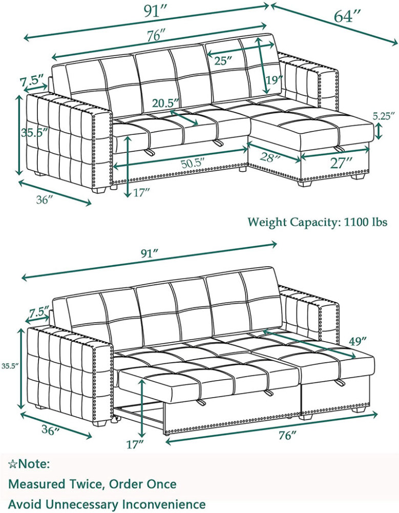 Velvet Sectional Sofa Bed with Storage and Pull Out Bed in Gray