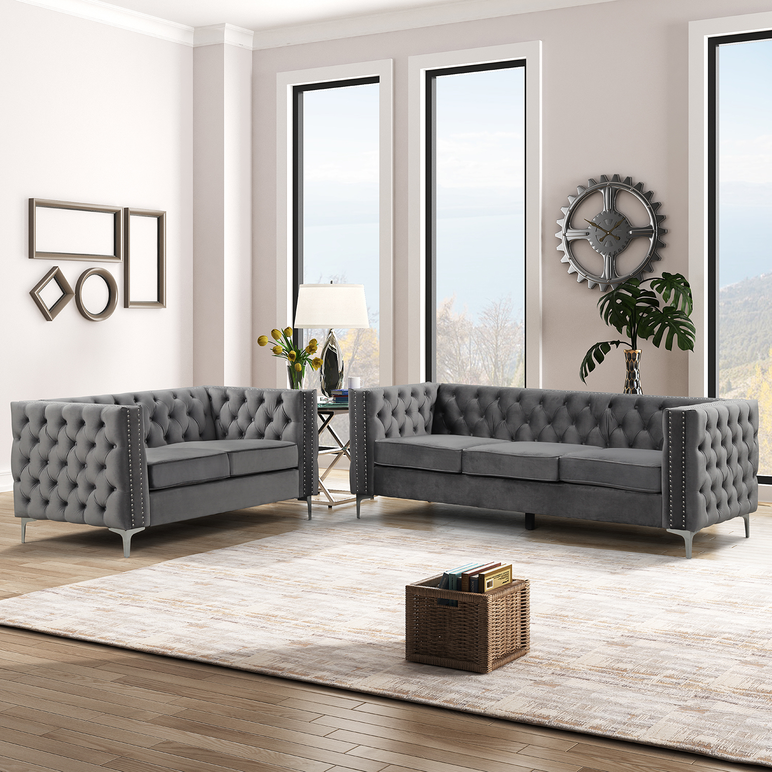 Velvet Couches with Button Design for Living Room in Gray
