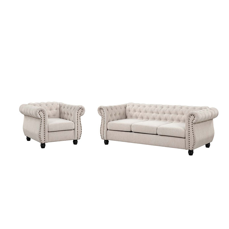 Linen Chesterfield Sofa Set With Roll Arms