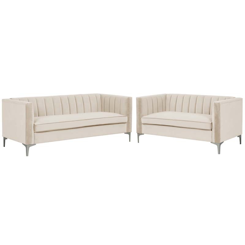 2 Pieces Modern Channel Tufted Velvet Loveseat and Sofa Set