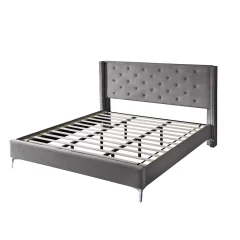 California King/ King size Velvet Bed Frame Upholstered Platform Bed-Gray