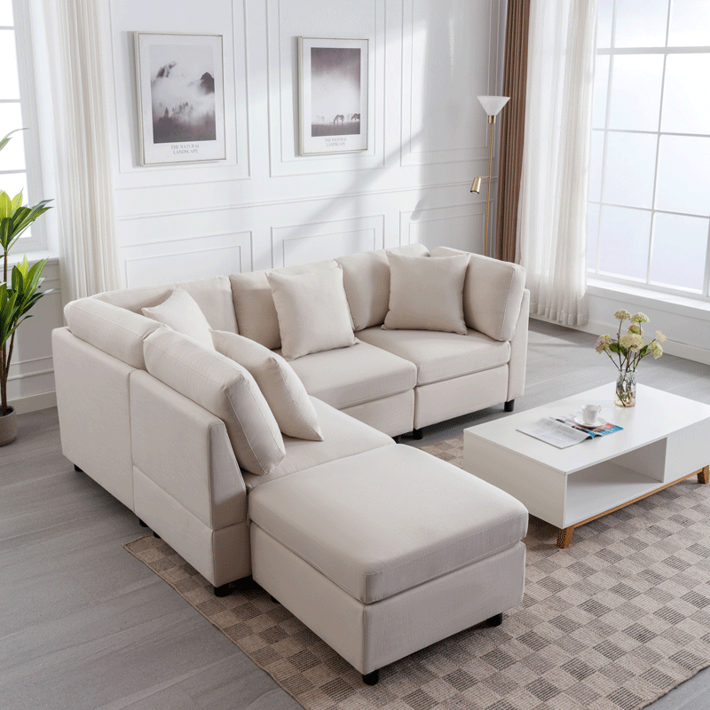 L-Shaped Sectional Sofa Modular Sofa Couch with Ottoman, Modern Beige Linen 4 Seater Sectional Convertible U Shaped Sofa for Living Room, Apartment, Easy Assembly