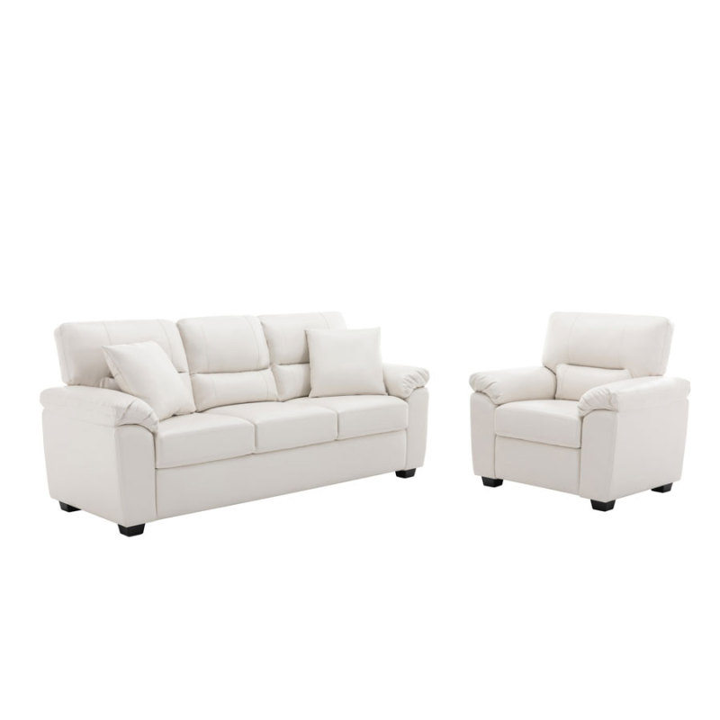 Sofa Collection 2 Pieces  Flared Arm PU Leather Mid-Century Modern Upholstered Sofa in White