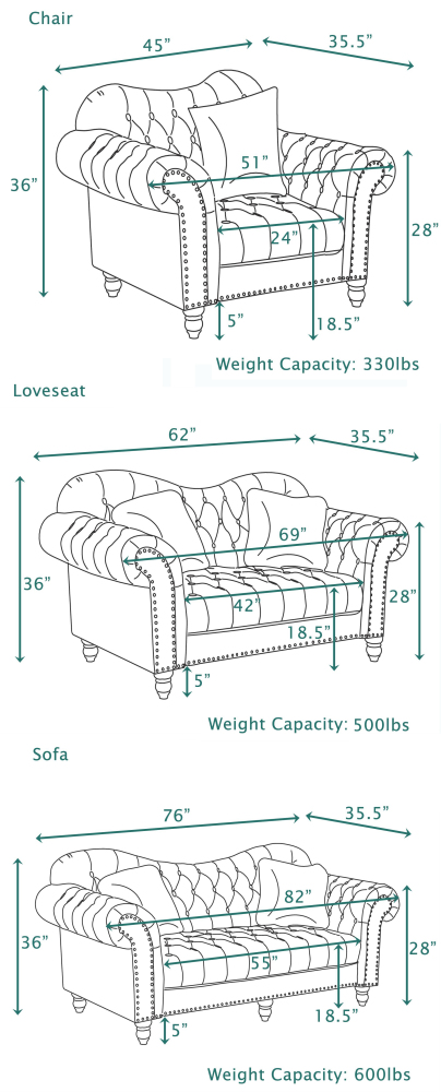 3 Pieces Luxury Classic America Chesterfield Tufted Camel Back - Grey