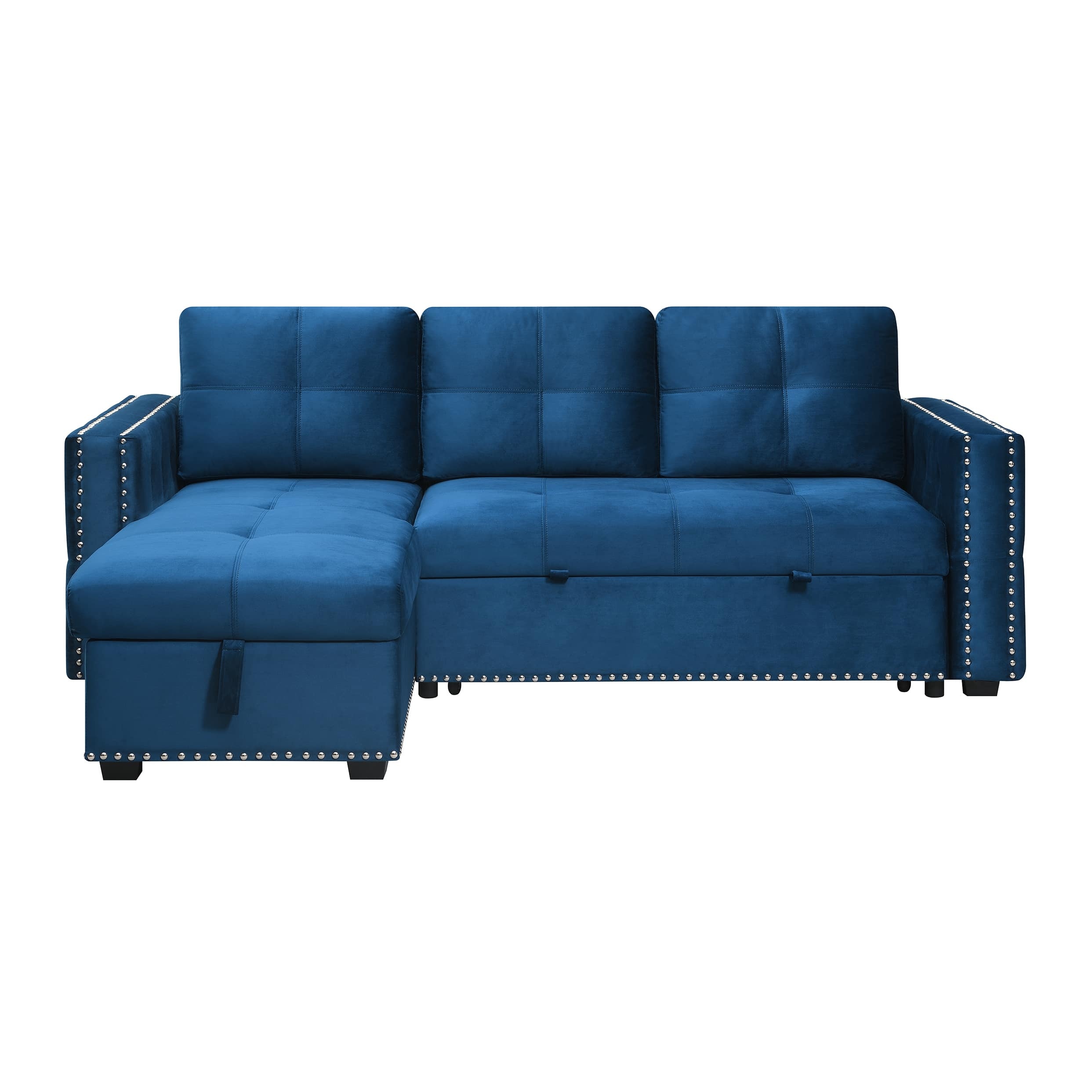 Velvet Reversible Sleeper Sectional Sofa with Storage in Blue