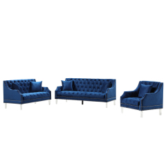 3 Pieces Living Room Couches Sets  Slope Arm Mid-Century Style Velvet Blue