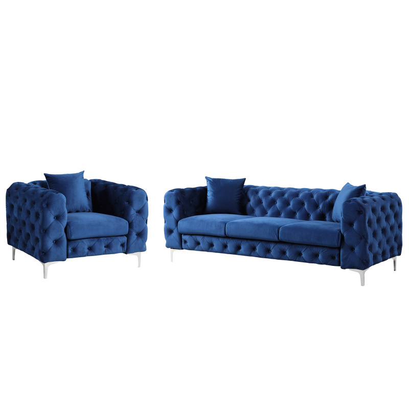 2 Pieces Contemporary Sofa and Chair with Deep Button Tufting Dutch Velvet - Navy Blue