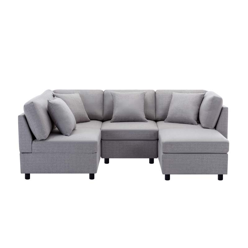 L-Shaped Sectional Sofa Modular Sofa Couch with Ottoman, Modern Beige Linen 4 Seater Sectional Convertible U Shaped Sofa for Living Room, Apartment, Easy Assembly